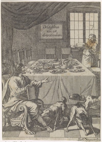 Zoilus sitter vid ett dukat bord De Gustibus non est disputandum (titel på objekt) av Justus van den Nijpoort