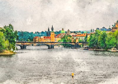 Stadsbild vid floden i Prag av Justyna Jaszke