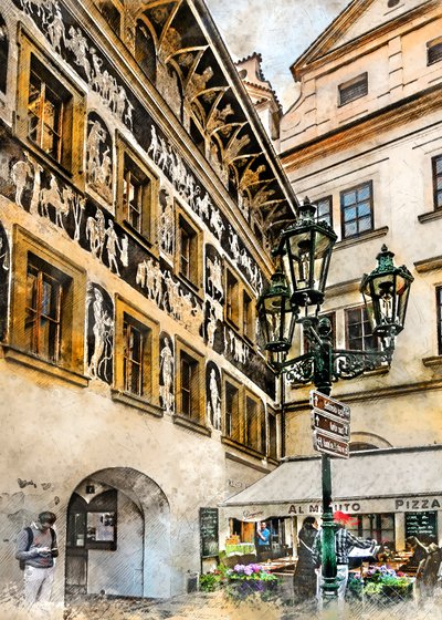 Gatubild i Prag i sgraffito-teknik av Justyna Jaszke
