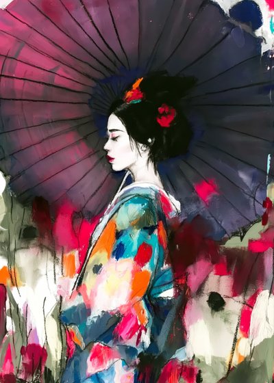Ett livfullt porträtt av en geisha med paraply av Justyna Jaszke