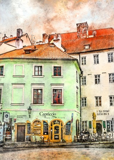 Akvarell: Europeiskt kafé av Justyna Jaszke