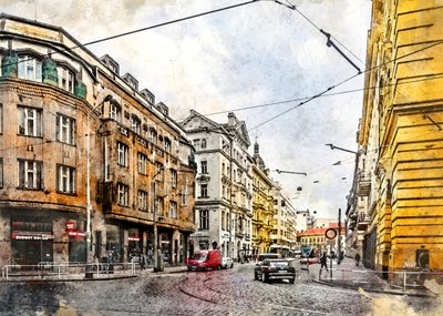Akvarell: Europeisk spårvagnsgata av Justyna Jaszke