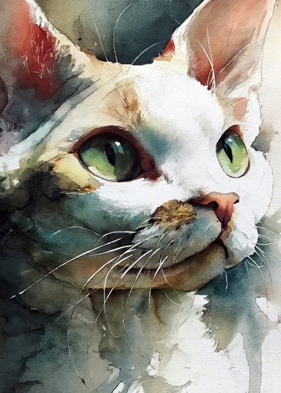 Akvarellmålning av en katt med gröna ögon av Justyna Jaszke