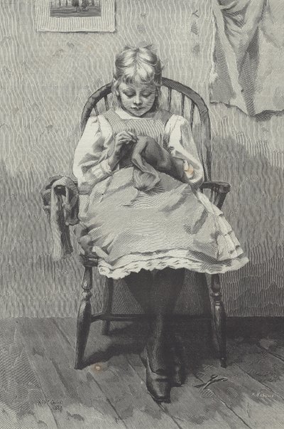 Tonårssömmerska, gravyr av Fortuné Méaulle (1844-1901) (gravyr) av K. McCausland