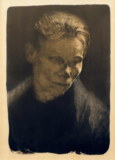 Halvlångt porträtt av en arbetarkvinna med ett blått tyg av Käthe Kollwitz