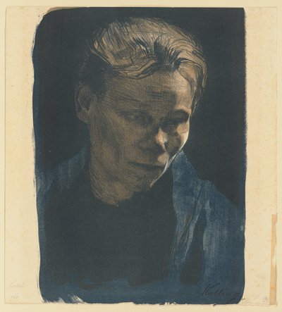 Halvfigurporträtt av en kvinna ur arbetarklassen med en blå sjal av Käthe Kollwitz
