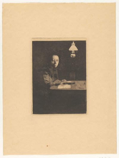 Porträtt av en cell på bordet Självporträtt vid bordet (originaltitel) av Käthe Kollwitz