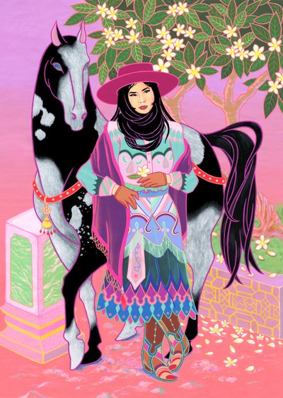 Cantones Cowgirl Waiting Under Plumeria, 2020 (akryl på bomull) av Kam Tsz