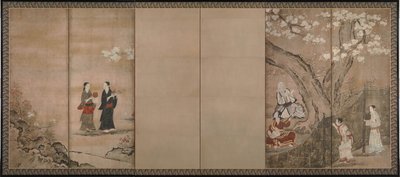 Glad att göra under aroniablommor. Höger om ett par sexsektionerade vikskärmar, 1700-tal av Kano Isenin Naganobu