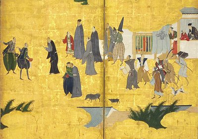 Detalj av Southern Barbarians Come to Trade, ett par sexpanelsskärmar, tidigt 1600-tal av Kano Naizen