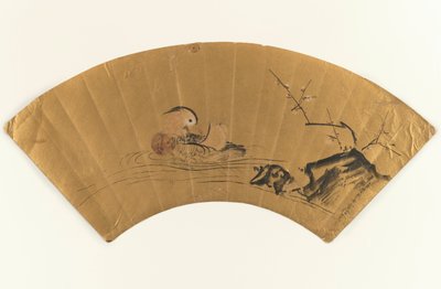 Mandarin anka och blommande plommon (bläck & färg på bladguld) av Kano Yukinobu