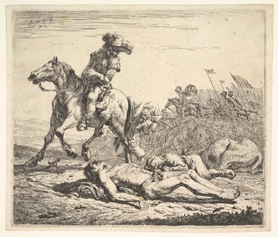 Slagfält med ryttare som tittar över sin vänstra axel mot avskalat lik på gro..., 1652. av Karel Du Jardin