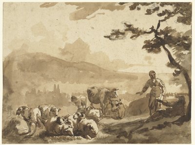 Bergslandskap med herdar med deras flock får och kor av Karel Du Jardin