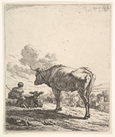 Koherde med ko och kalv på en sluttning, koherden sedd bakifrån och sittande i ..., 1658. av Karel Du Jardin