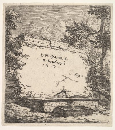 Frontispice med avtrappad fontän, en stenmur med vattenpip som häller vatten i en rec..., 1652. av Karel Du Jardin
