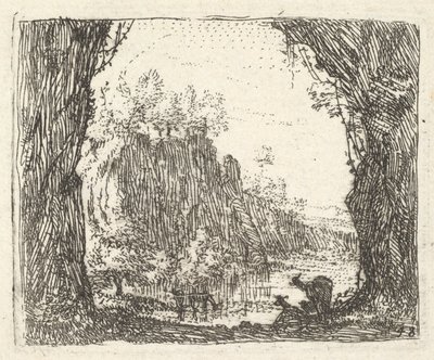 Landskap flankerat av träd i vänster och höger förgrund, silhuetter av två goa..., ca. 1641-78. av Karel Du Jardin