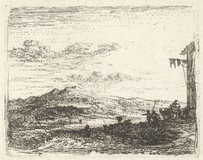 Landskap med hörn av byggnad och markis längst till höger, två figurer och en häst-..., ca. 1641-78. av Karel Du Jardin