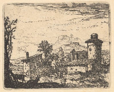Landskap med två behornade getter i skuggan i vänster förgrund, bybyggnader bey..., ca. 1641-78. av Karel Du Jardin