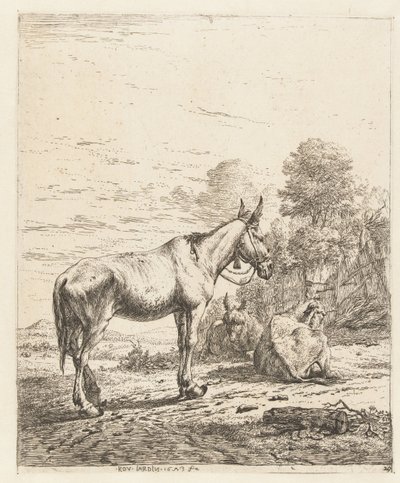 Mula med klocka på grimman och två liggande åsnor av Karel Du Jardin