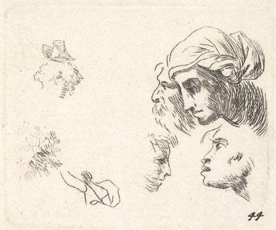 Studie av huvuden i profilvy, en kvinna med huvudduk och skäggig man vars huvud ..., ca. 1641-78. av Karel Du Jardin