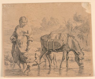 Landskvinnan och sumptern som korsar en bäck av Karel Du Jardin