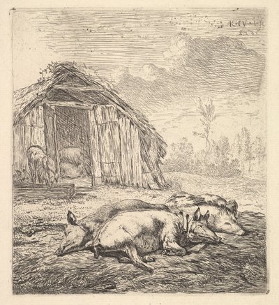 Tre grisar liggande på sidan, en svinstia och tråg bortom, 1652. av Karel Du Jardin