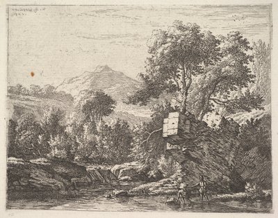 Två män som står ankeldjupt i en vattenmassa med en klipphäll bakom sig, till..., 1658. av Karel Du Jardin