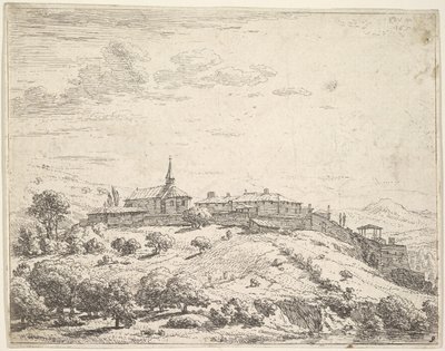 Muromgärdad by på en kulle, med kyrkan till vänster och byggnader byggda på nedförsbacken a..., 1658. av Karel Du Jardin