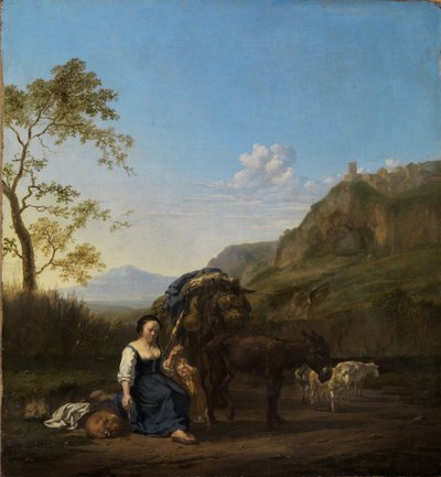Spinnande bondkvinna i italienskt bergslandskap av Karel Dujardin