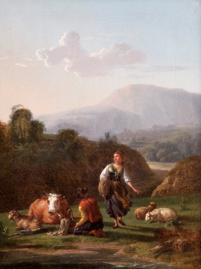 The River Bank: Landscape with Figures and Cattle (olja på duk) av Karel Dujardin