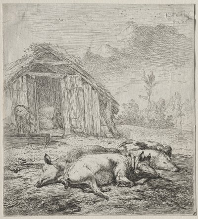 Tre svin som ligger framför en stall. av Karel Dujardin