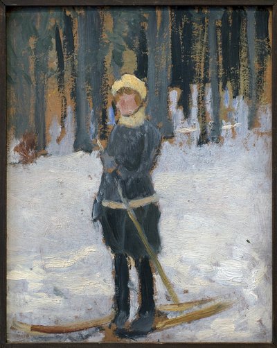 Kvinna som åker skidor i skogen. Konstverk av Karel Spillar (1871-1939), olja på kartong av Karel Spillar