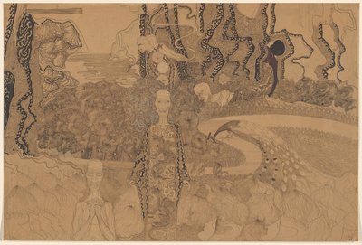 Allegorisk framställning med figurer och en påfågel i en trädgård av Karel de Nerée tot Babberich (signed by artist)