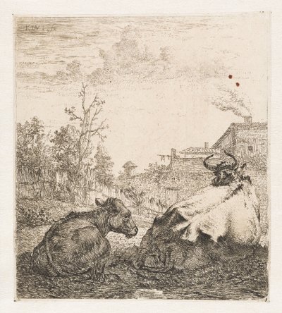 Liggande ko med kalv Djur (serietitel) av Karel du Jardin (signed by artist)