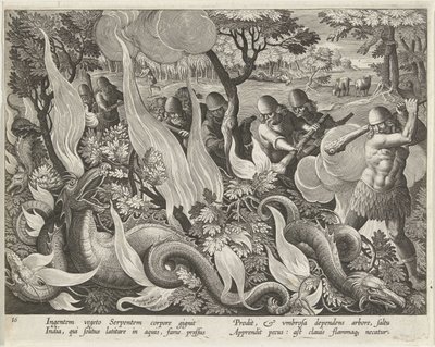Jacht op waterslangen i Indien Jachttaferelen (serietitel) Jakten på vilt, fågel och fisk i Bestiary (serietitel) av Karel van Mallery