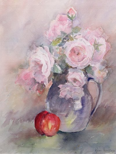 Rosa rosor i en blå kanna, 1994 (wc) av Karen Armitage