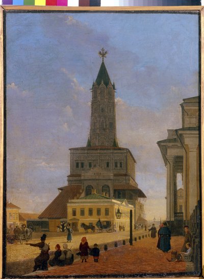 Sukharev-tornet i Moskva. Byggd 1695, arkitekten Tchoglokov och revs 1934, var den belägen i hörnet av ringen av trädgårdar och Stretenka Street. Målning av Karl Petrovich Bodri (1812-1894), olja på duk av Karl-Fridrikh Petrovich Bodri