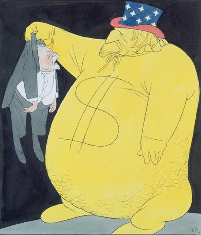 Uncle Sam som en säck med dollar med Poincare (akvarell, penna  tusch på papper) av Karl Arnold