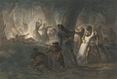 Deliverance of the Daughters of Daniel Boone och Richard Callaway, pub. 1852 (färggravyr) av Karl Bodmer