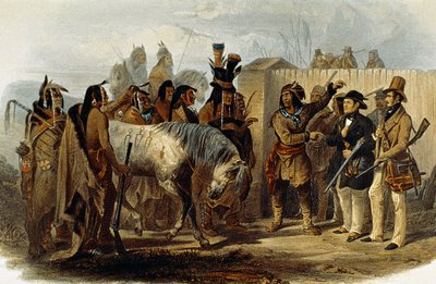 Prins Max von Wied-Neuwied (1782-1867) och Karl Bodmer hälsas av Hidatsa-indianerna av Karl Bodmer