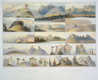 Remarkable Hills on the Upper Missouri, graverad av F. Salathe, publiceras 1839 (akvatint) av Karl Bodmer