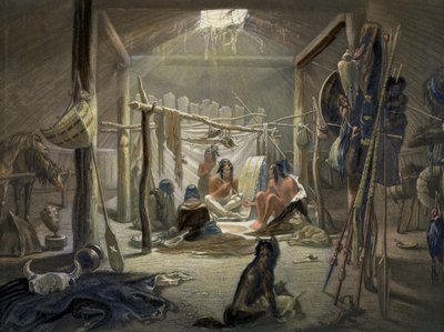 The Interior of a Hut of a Mandan Chief, skylt 19 från volym 2 av Travels in the Interior of North America, graverad av Narcisse Desmadryl, 1844 färgad akvatintdetalj av 103848 av Karl Bodmer