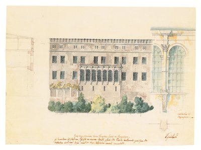 En design för ett nytt trapphus för norra fasaden på slottet i Stettin, med en delstudie av loggian, ett tvärsnitt av fasaden och en engagerad pilaster, ca 1840 (penna, penna och bläck och av Karl Friedrich Schinkel
