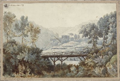 Aline, drottning av Golkonda. Opera av Henri-Montan Berton. Skiss till den 2:a dekorationen. Landskap med flod och bro av Karl Friedrich Schinkel