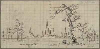 Vy över en stad med en högt resande katedral i ett vinterlandskap av Karl Friedrich Schinkel