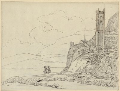 Bergslandskap med tornruiner och figurer av Karl Friedrich Schinkel