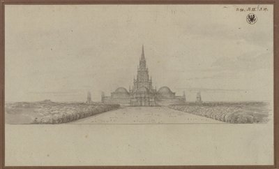 Berlin. Förslag till en katedral som minnesmärke över befrielsekrigen (Befrielsekatedralen), med korsningstorn och kupoler över tvärskeppets armar av Karl Friedrich Schinkel