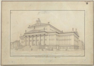Berlin. Schauspielhaus vid Gendarmenmarkt. Perspektivisk vy av framsidan av Karl Friedrich Schinkel