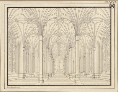 Berlin, Spittelmarkt. Förslag till Sankt Gertruds kyrka. Interiörvy genom långhuset mot koret av Karl Friedrich Schinkel