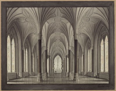 Berlin, Spittelmarkt. Förslag till S:t Gertrauds kyrka. Interiörvy, genom långhuset mot koret av Karl Friedrich Schinkel